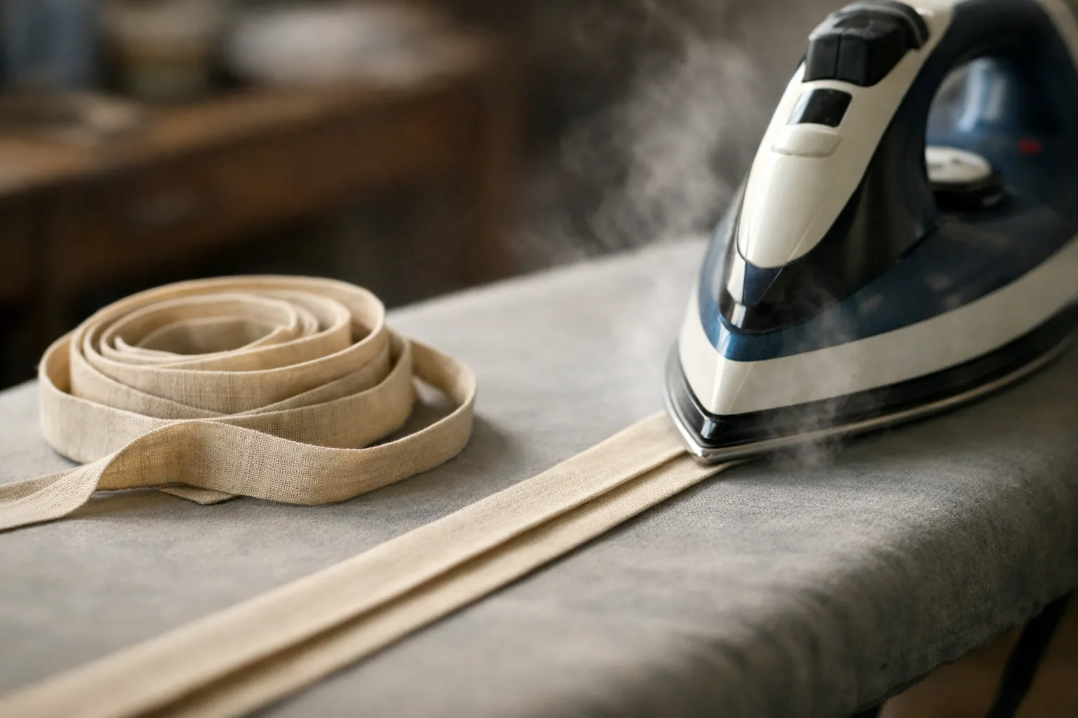 A binding strip being pressed in half lengthwise with an iron