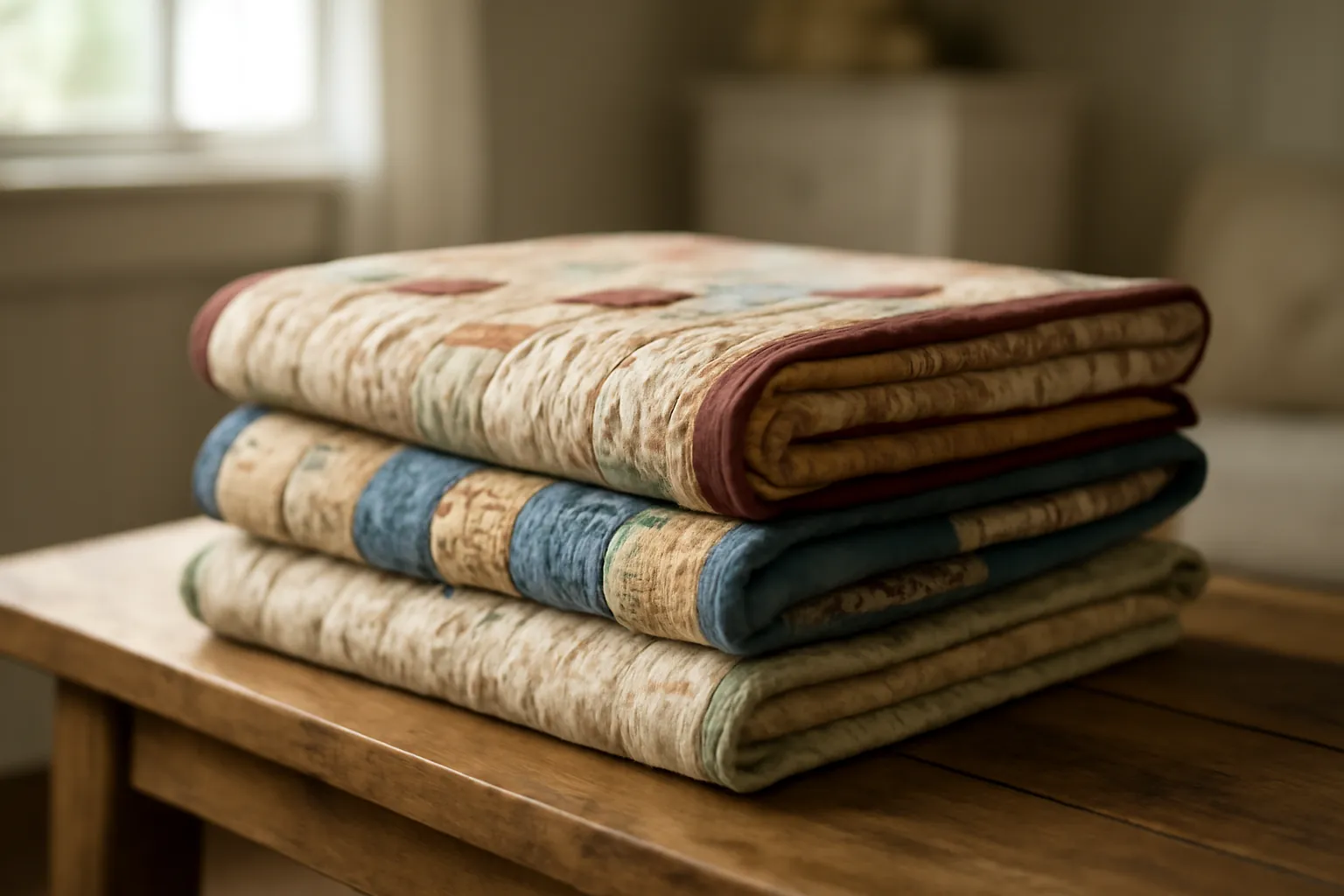 A stack of three folded quilts with contrasting bindings on a wooden bench