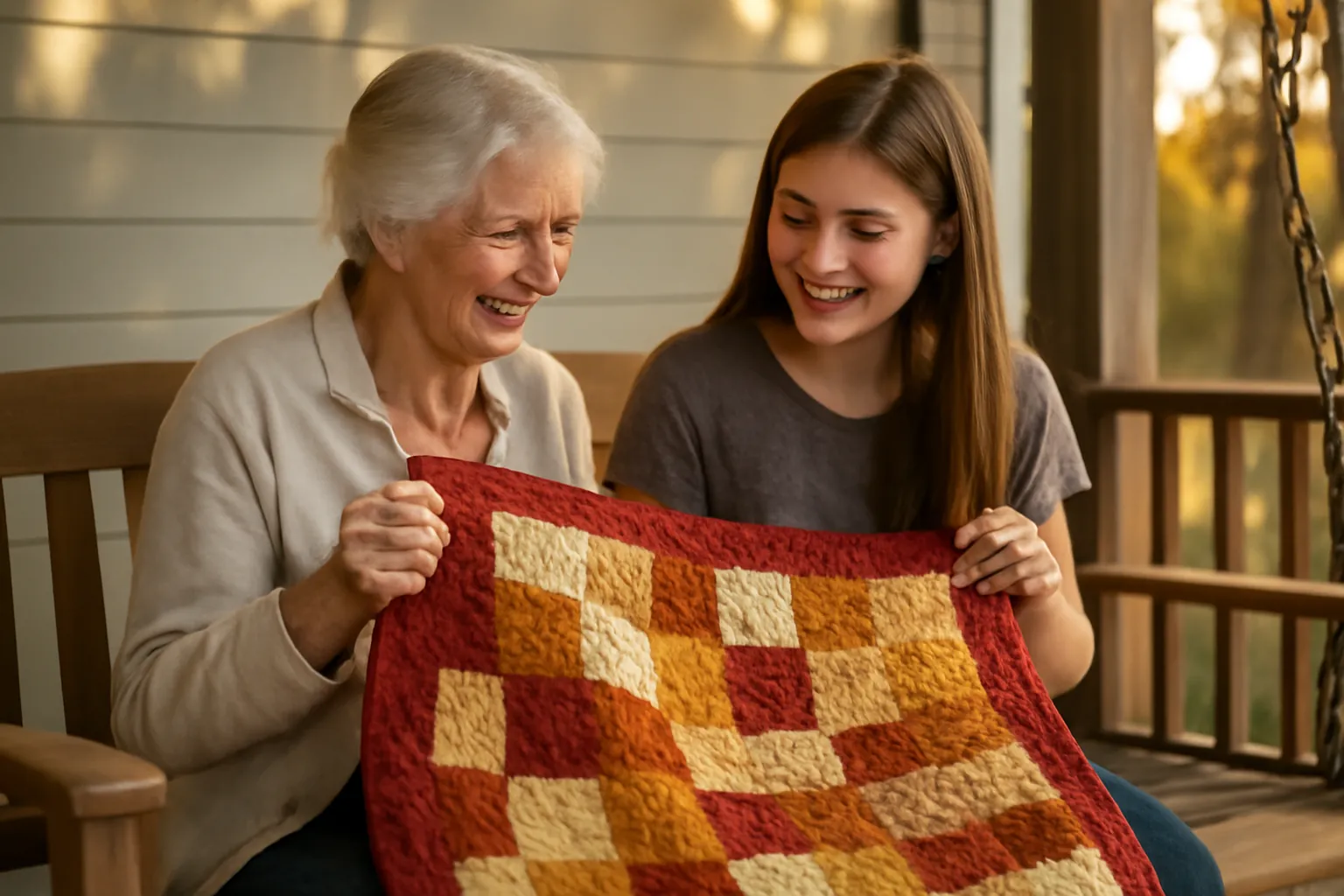 A grandmother and teenage granddaughter on a porch swing hold up a red and gold quilt with a dark red binding