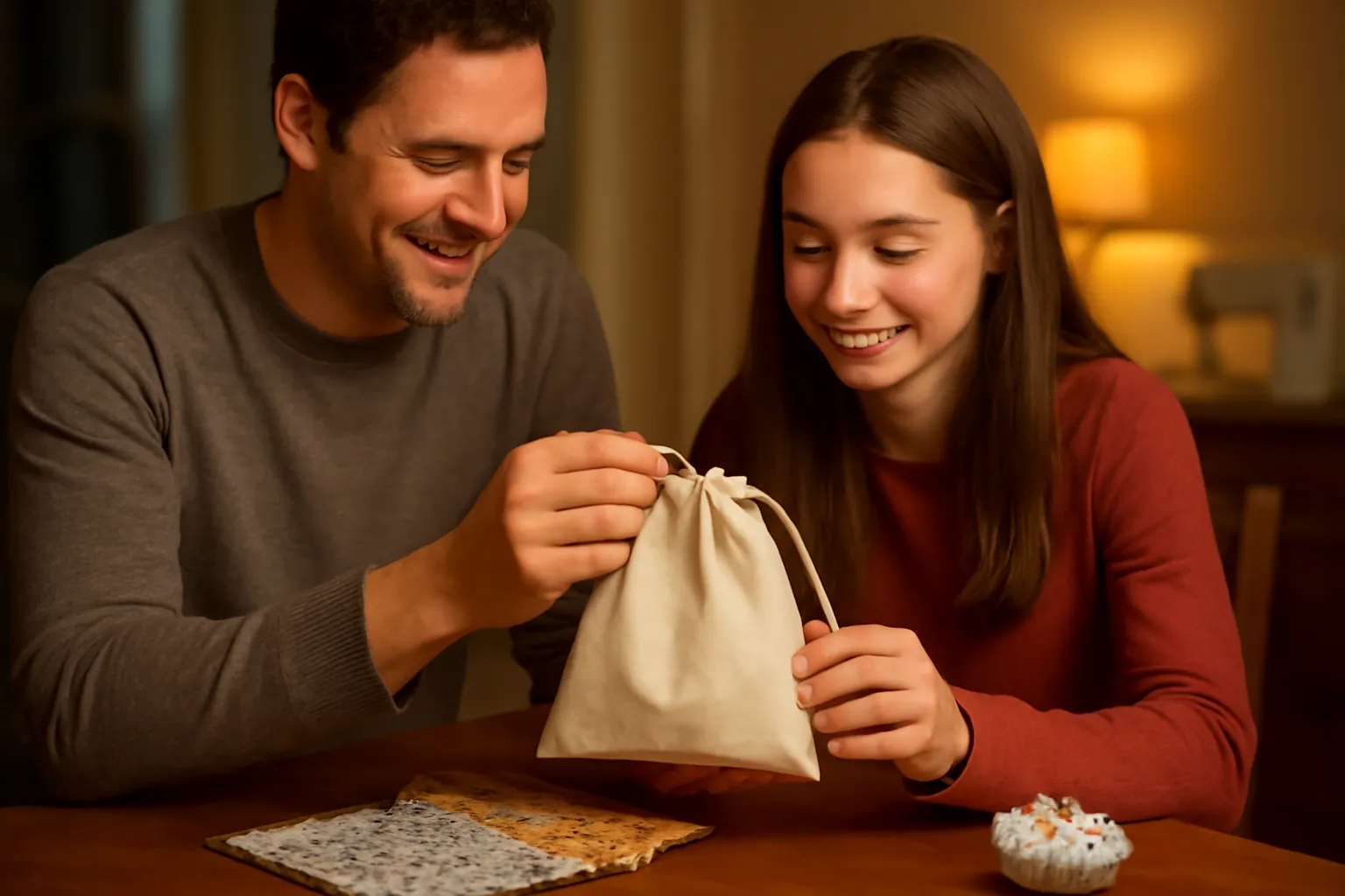 A father and teenage daughter smile over a finished cream drawstring bag at a lamplit table