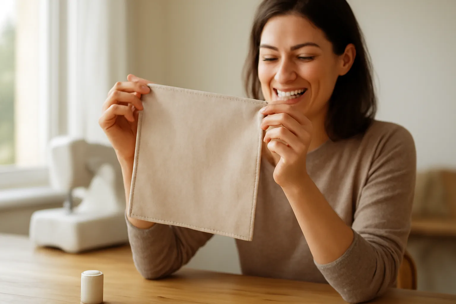 A smiling woman at a sunny table holds up a finished cotton napkin to look at its straight hem