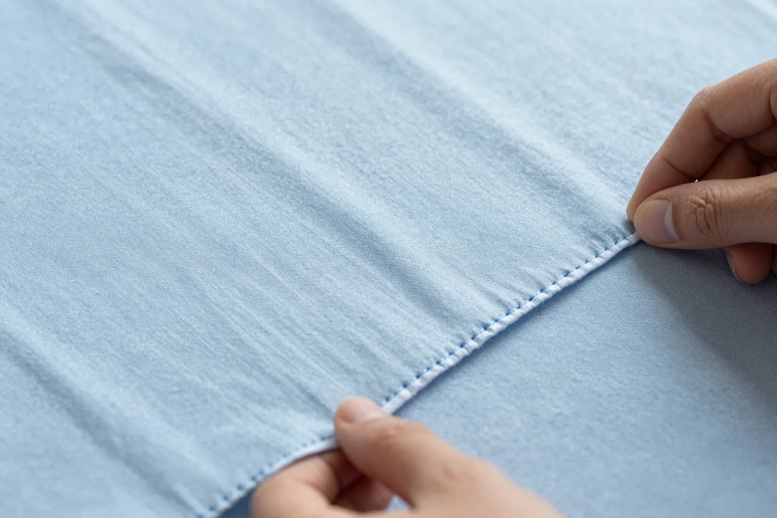 Two hands pinching a pale blue cotton seam taut to show an even line of blue stitching along the edge