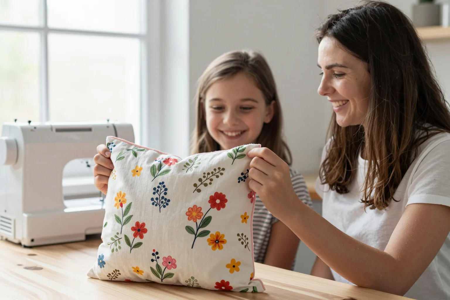 A girl and her mother smiling at a floral cushion cover the girl just sewed, holding it up together at a wooden table, a white sewing machine at the edge of the frame