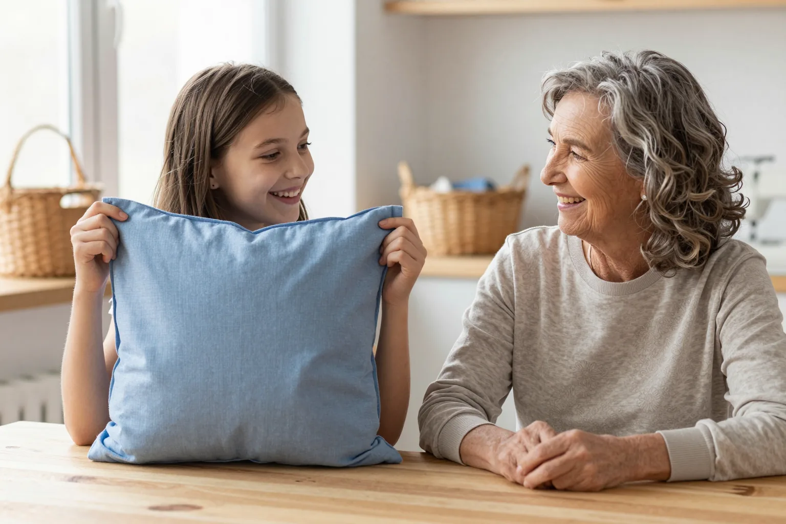 A teenage girl holding up a blue cotton pillow she sewed, smiling at her grandmother beside her at a wooden table