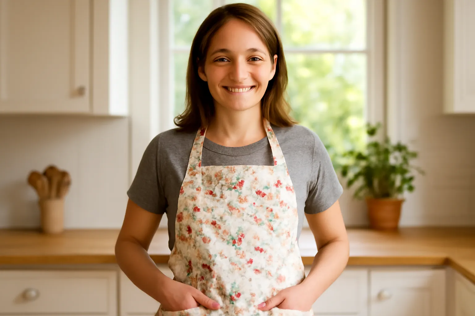 A smiling woman in a floral cotton apron standing in a bright kitchen with her hands in the apron pocket
