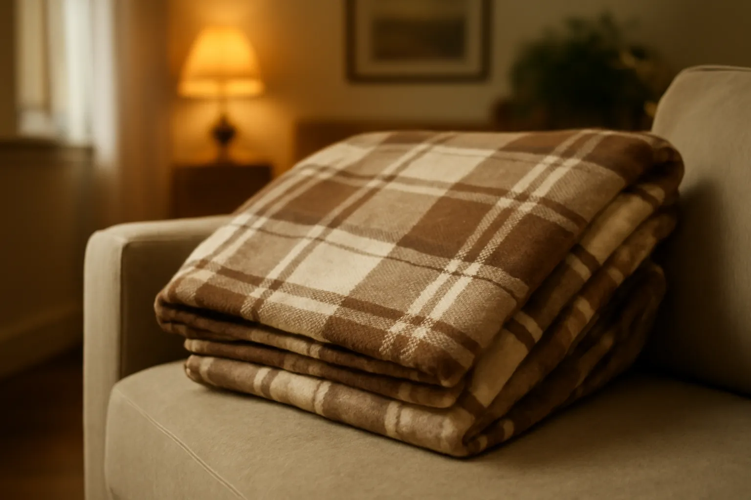 A brown and cream plaid flannel throw folded over the arm of a sofa in warm lamp light