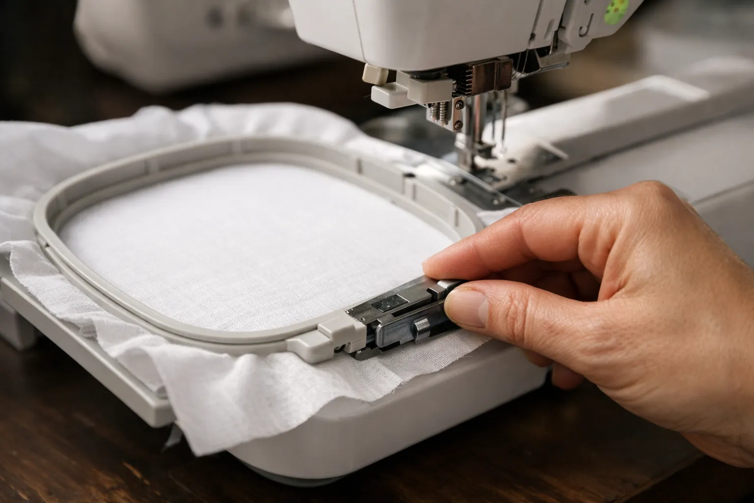 A plastic hoop being clipped onto an embroidery machine's arm