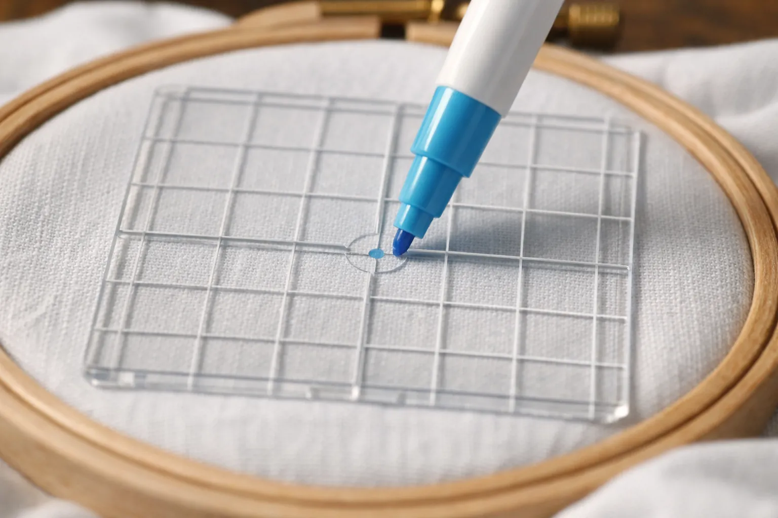 A grid template inside a hoop with the center marked