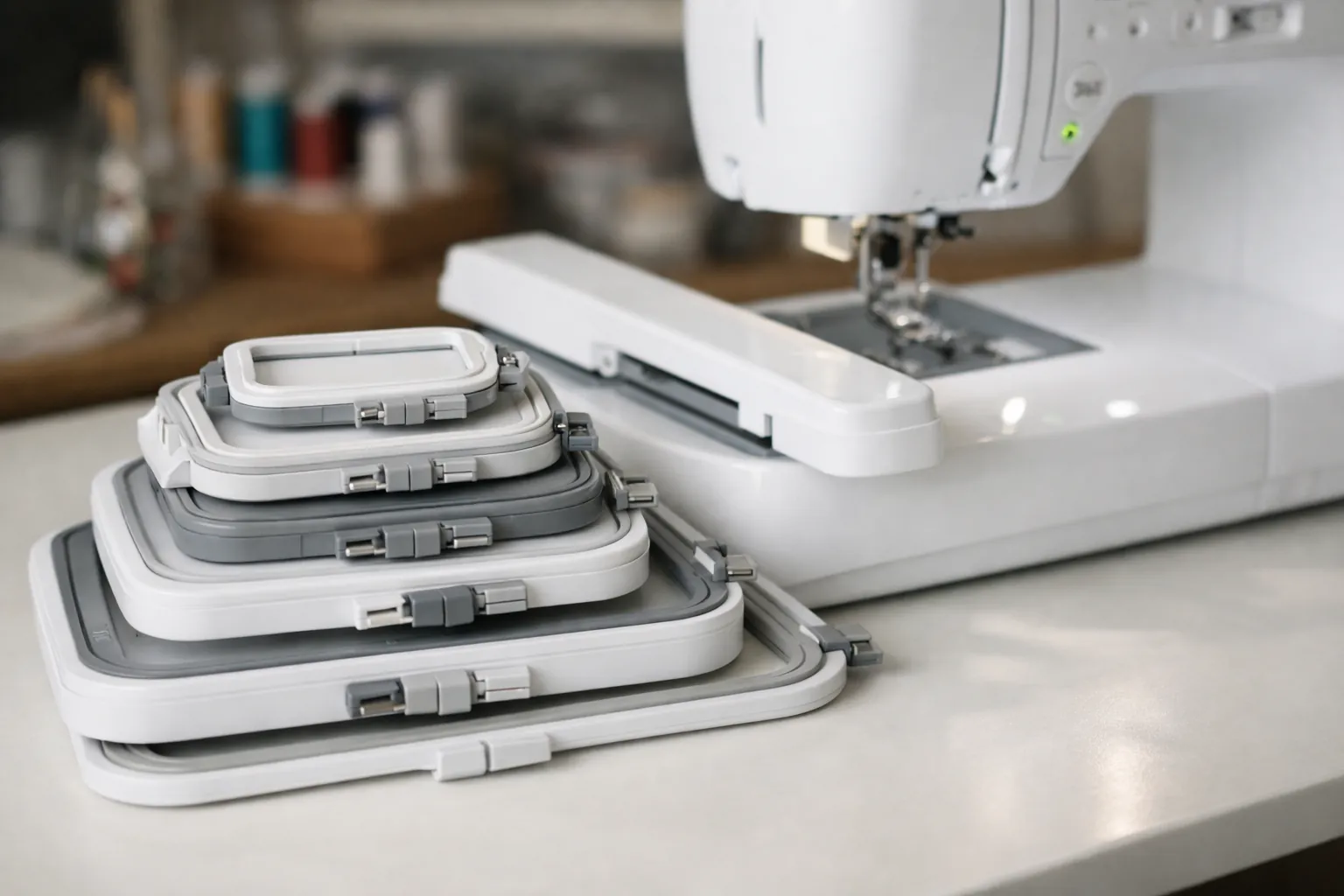 Several plastic embroidery hoops of different sizes stacked beside a home embroidery machine