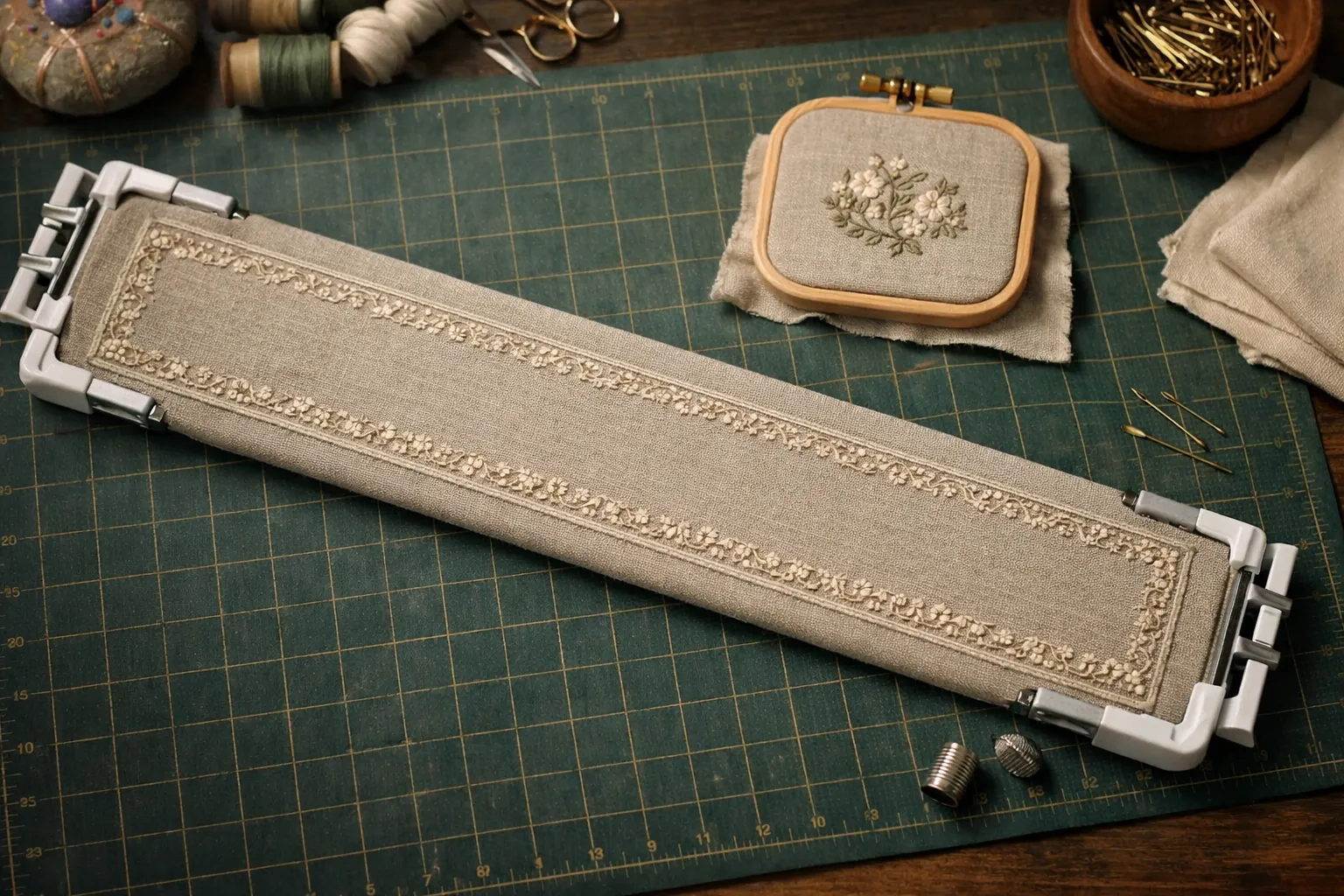 A long multi-position hoop with a border design next to a square hoop