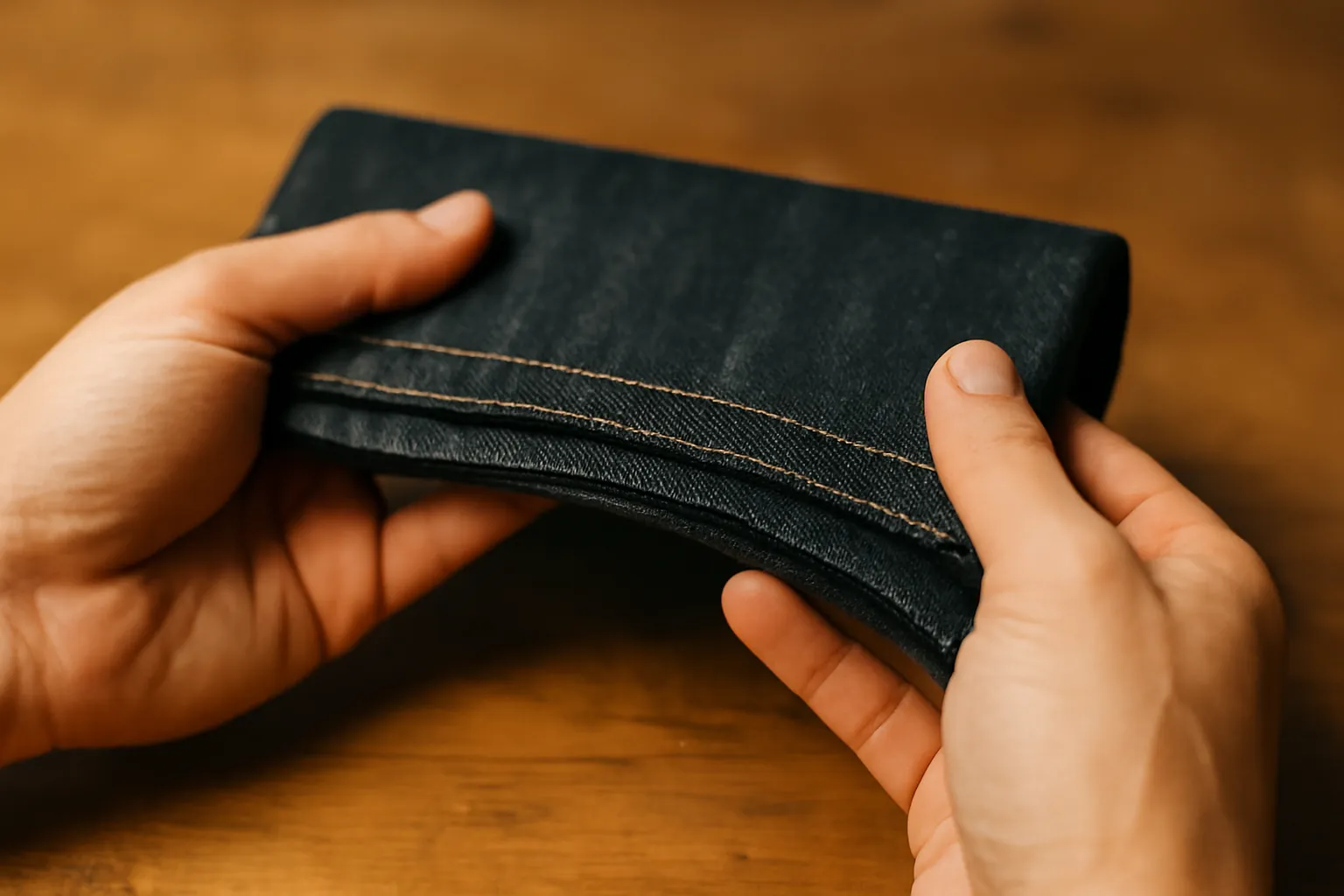 Hands holding a folded leg of dark denim showing a straight row of topstitching along the hem