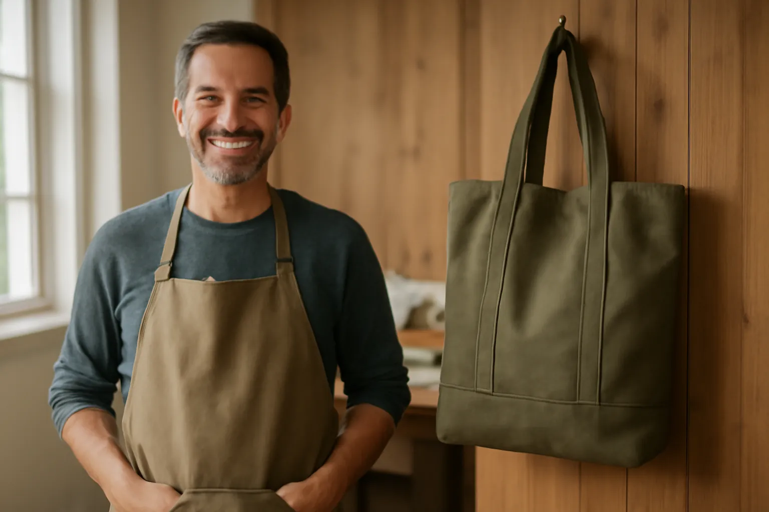 A smiling man in a canvas work apron with his hands in the apron pockets, next to a finished olive canvas tote bag hanging on a wooden wall