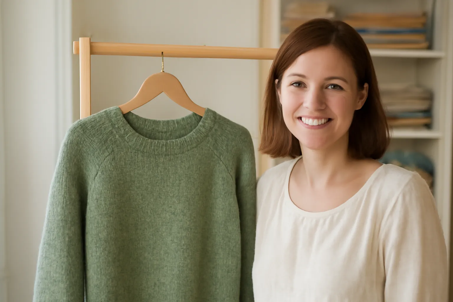 A smiling woman in a bright sewing room standing next to a handmade green knit sweater on a wooden hanger