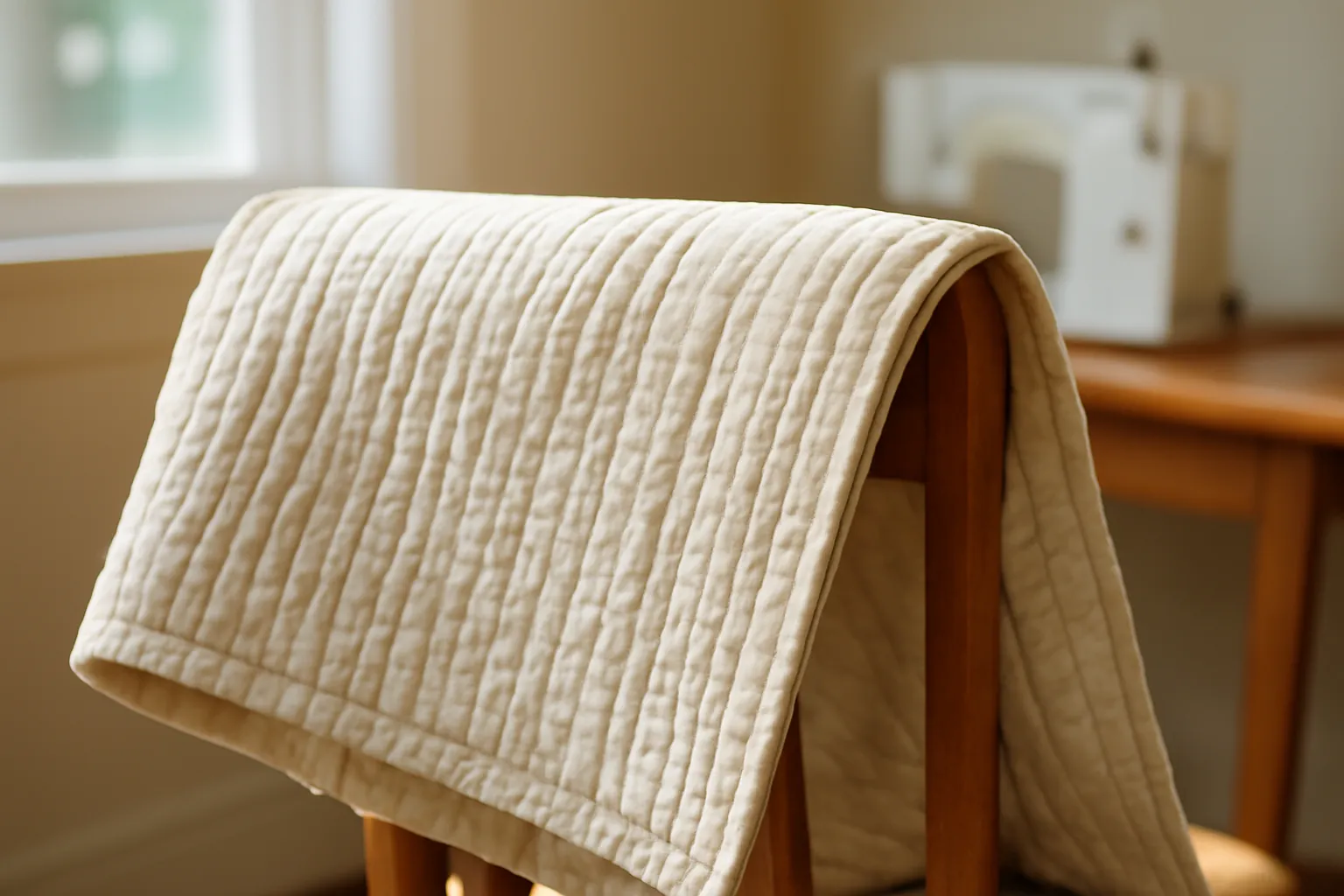 A cream quilt with dense straight-line quilting draped over a wooden chair in a sunny sewing room