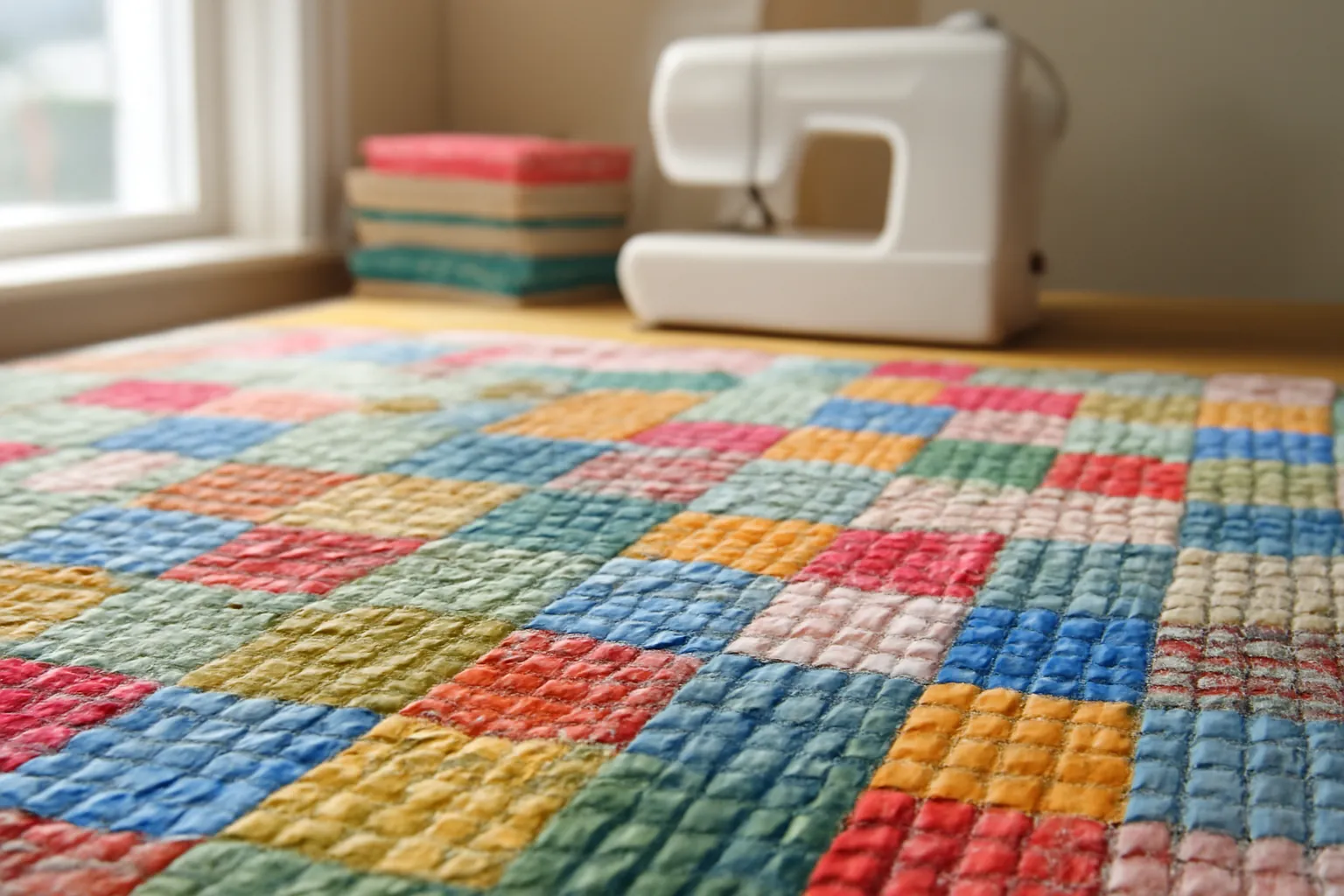 A large, colorful patchwork quilt spread across a sewing table, a white sewing machine soft and blurred in the background