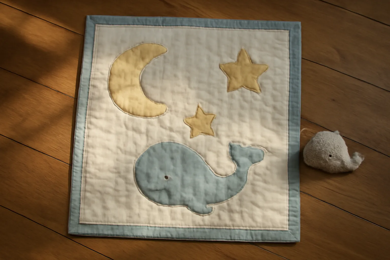 A baby quilt with moon, star and whale appliqué shapes laid flat on a wooden floor beside a toy whale
