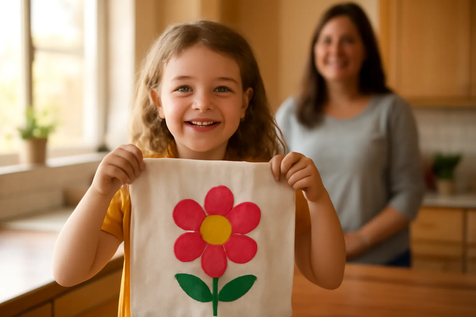 A little girl beams as she holds up a cream cloth bag with a bright fabric flower appliqué, her mother smiling behind her