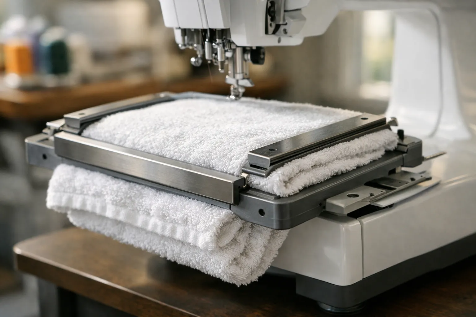 A metal magnetic embroidery hoop holding a thick towel flat on a home embroidery machine