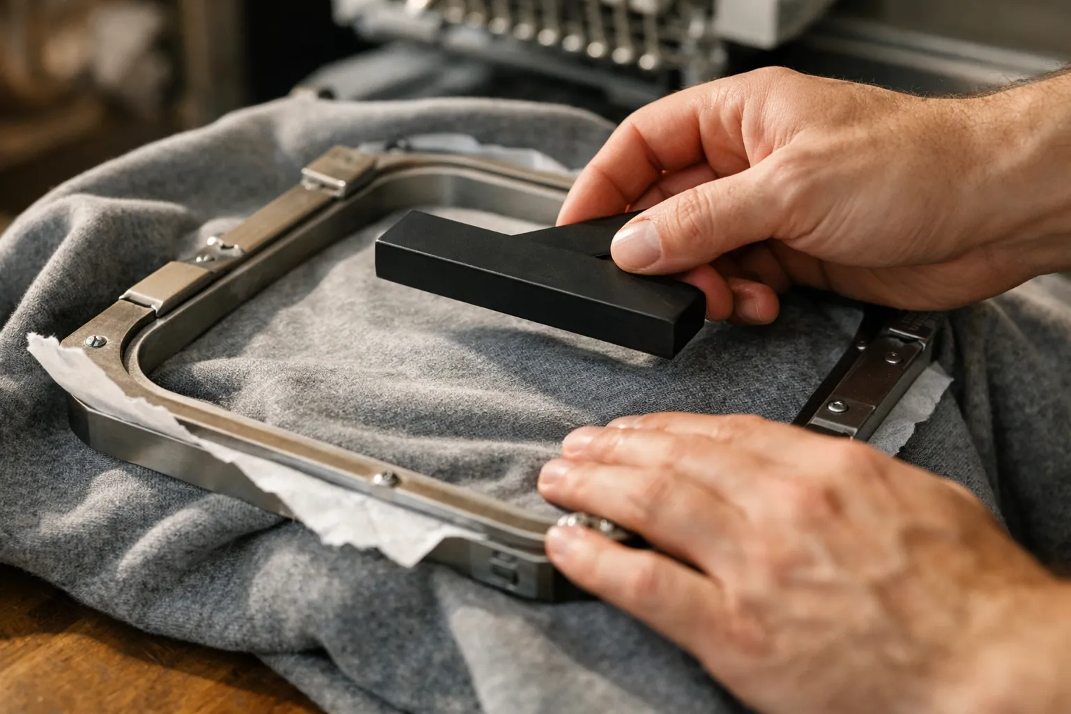 Hands lifting a bar magnet to straighten fabric in a magnetic hoop