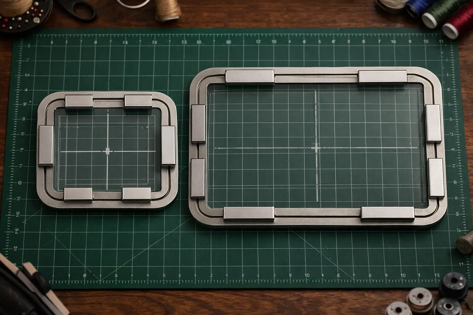 A square and a rectangular magnetic hoop side by side with grid templates