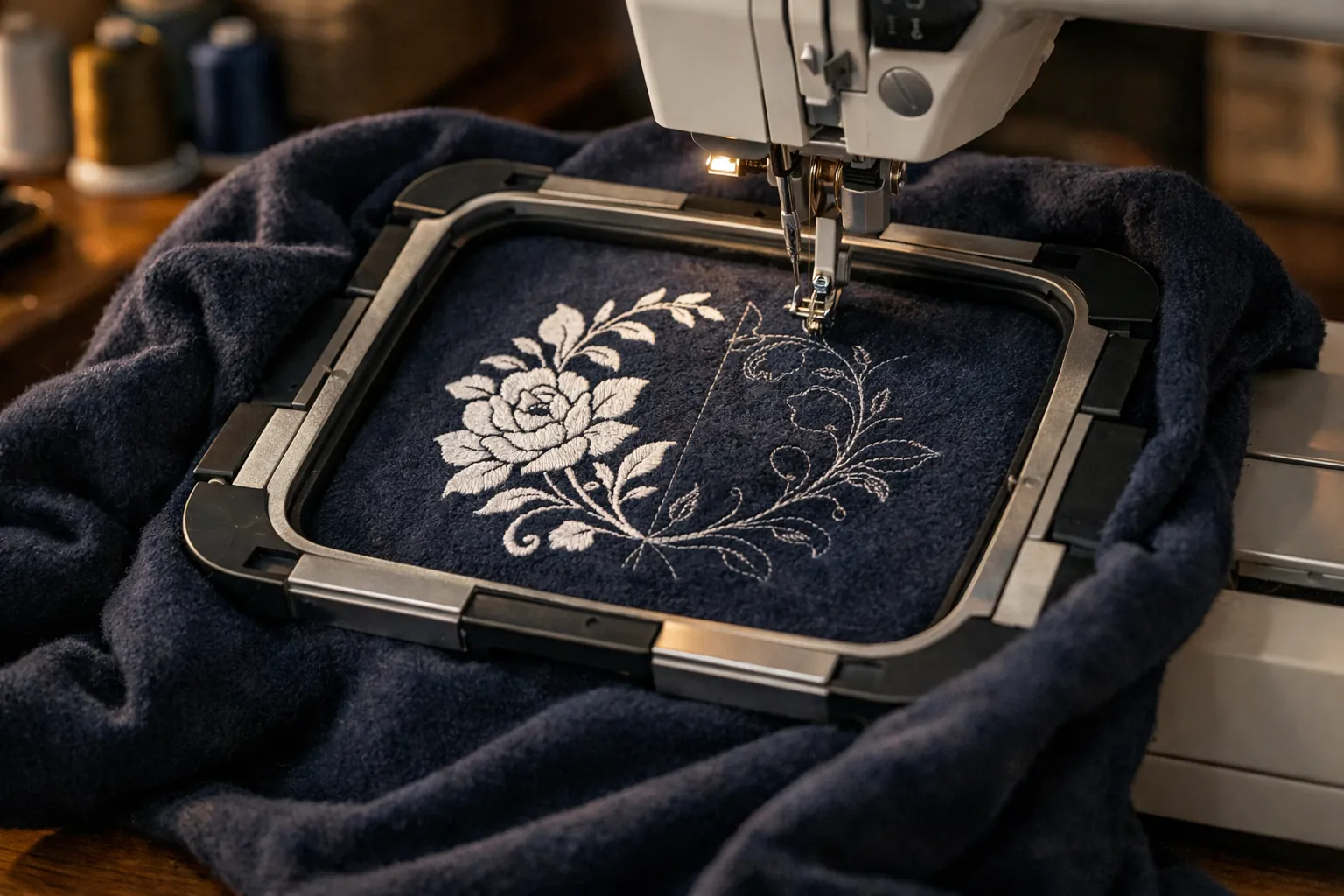 A fleece sweatshirt clamped in a magnetic hoop on an embroidery machine