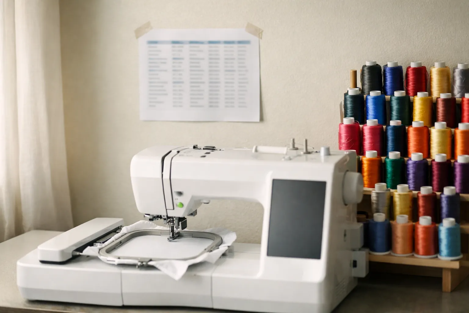 A printed embroidery reference sheet taped to the wall above a home embroidery machine