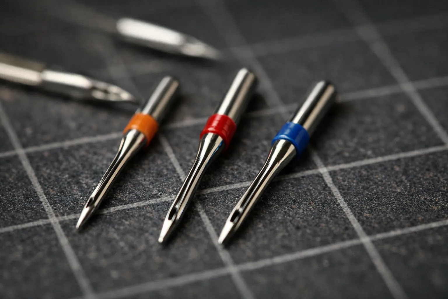 Sewing machine needles with colored bands on a cutting mat