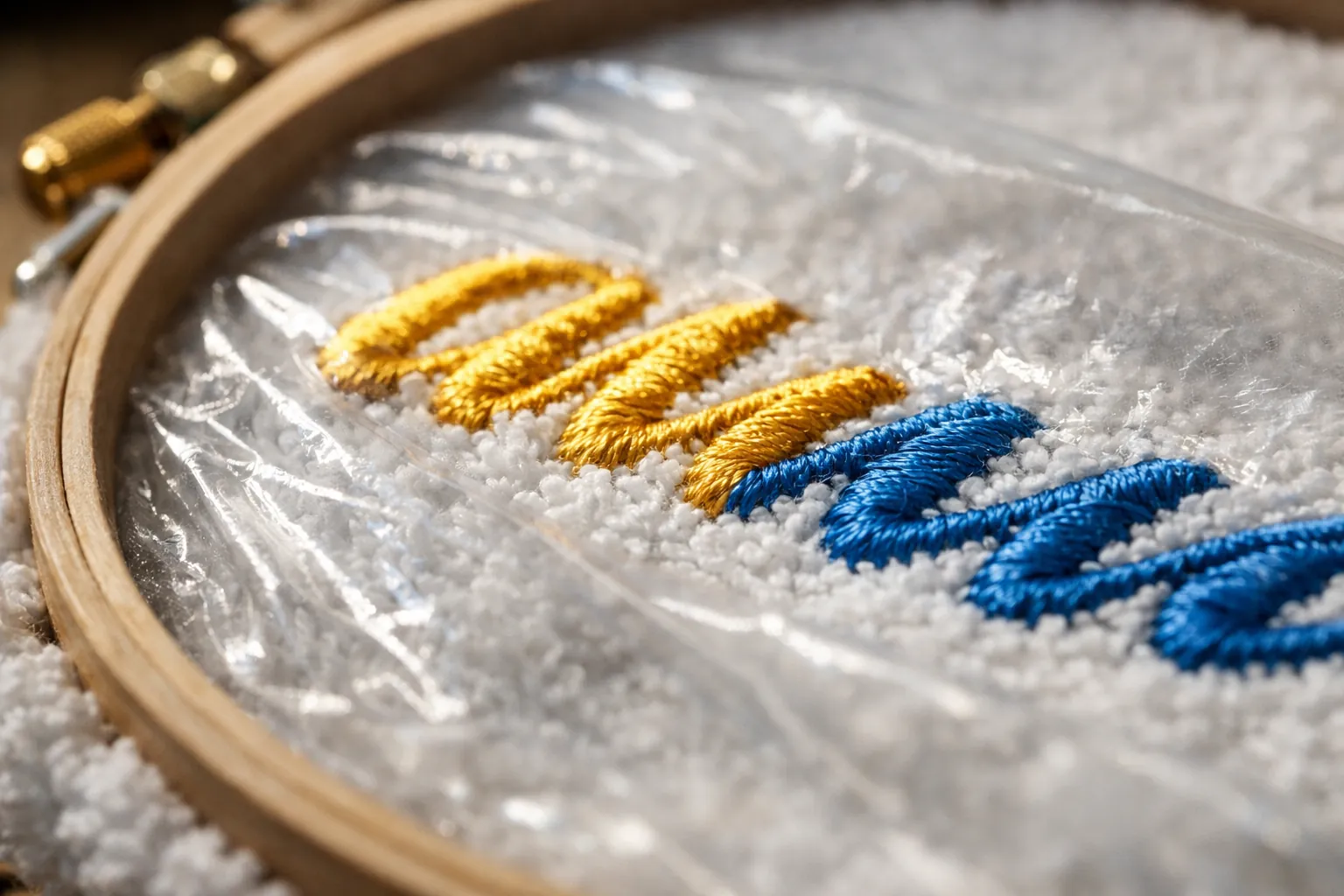 Water-soluble topping over a towel in an embroidery hoop