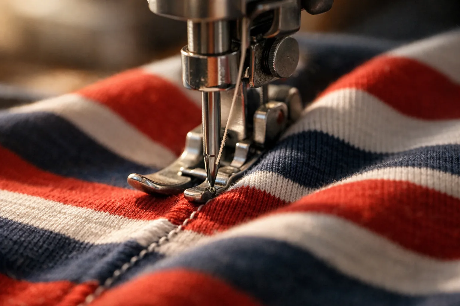 A ballpoint needle sewing striped jersey