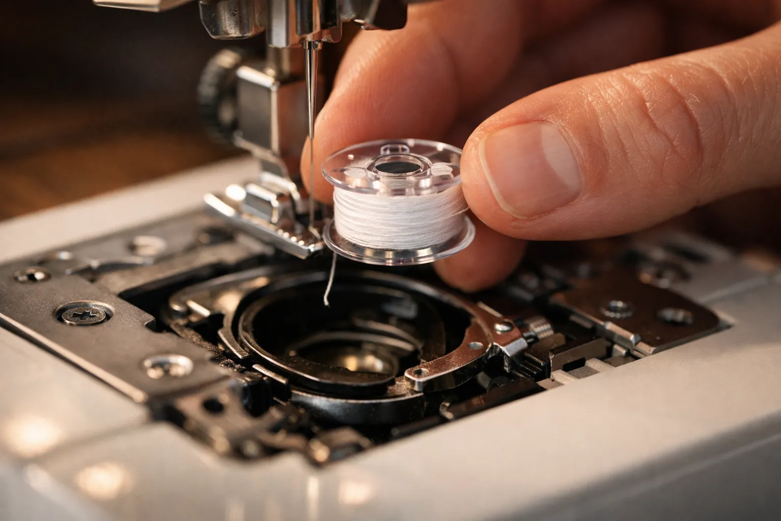 A bobbin with fine white thread dropped into the bobbin area