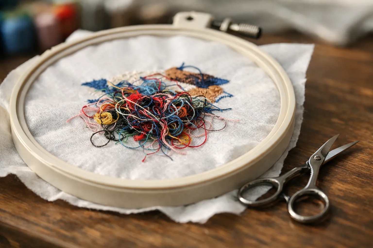 A tangled nest of thread on the underside of hooped fabric from an embroidery machine