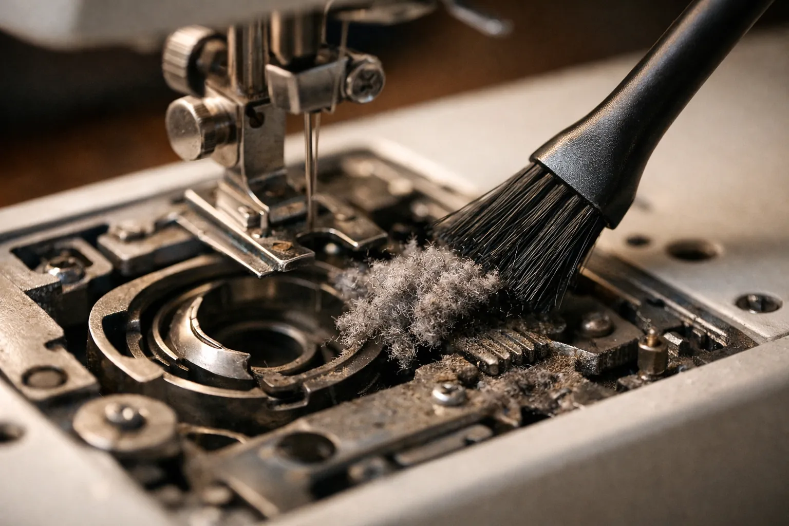 Brushing lint out of the bobbin area with the needle plate removed