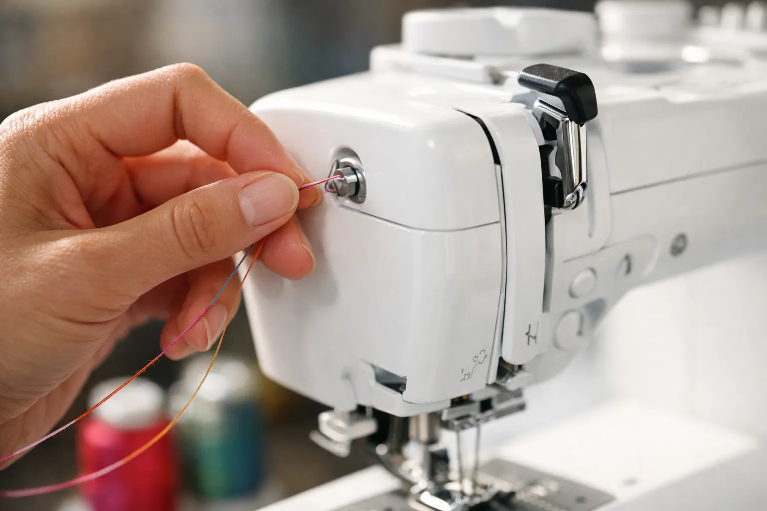 Threading the upper thread path with the presser foot raised