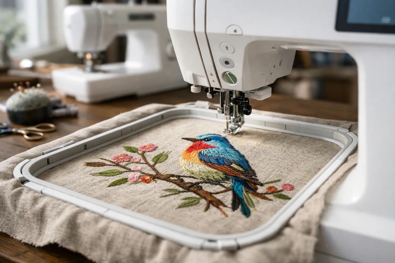 An embroidery machine stitching a large design in a rectangular hoop beside a sewing machine
