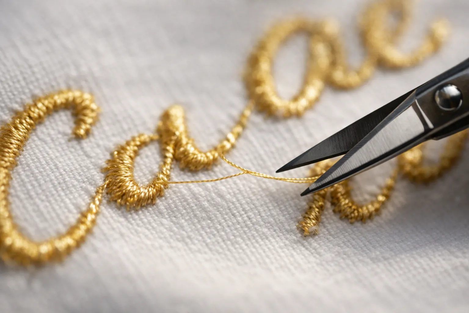 Loose jump threads between embroidered letters about to be snipped
