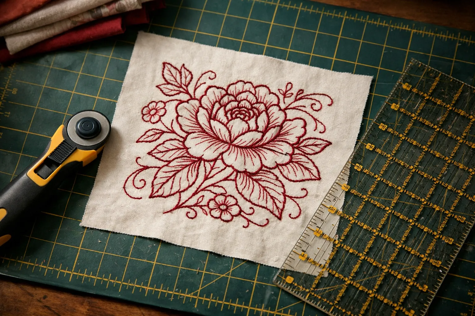 An embroidered redwork quilt block on a cutting mat