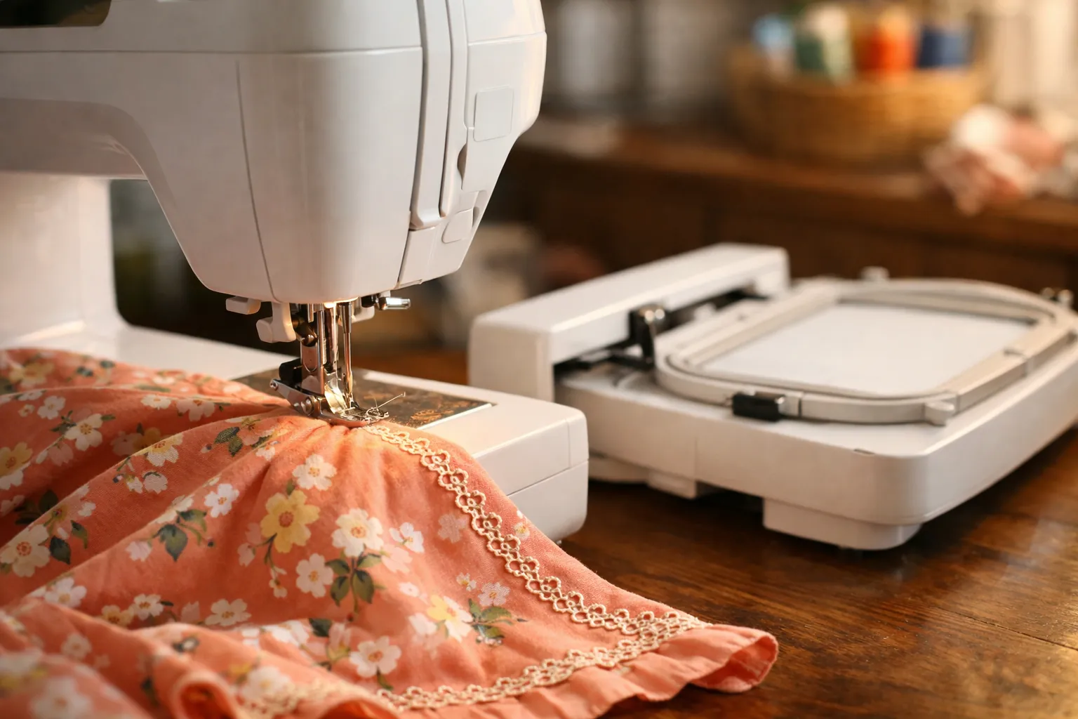 A sewing machine stitching a decorative hem with its embroidery unit set aside