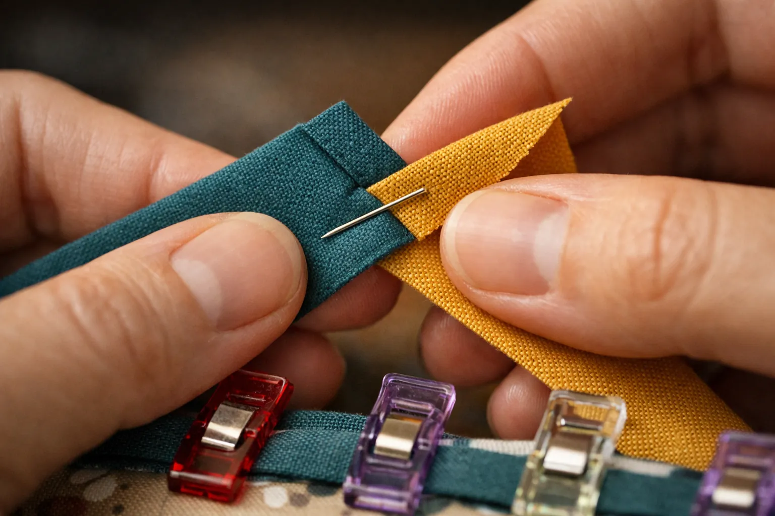 Two binding strips pinned at a 45 degree angle ready to be joined