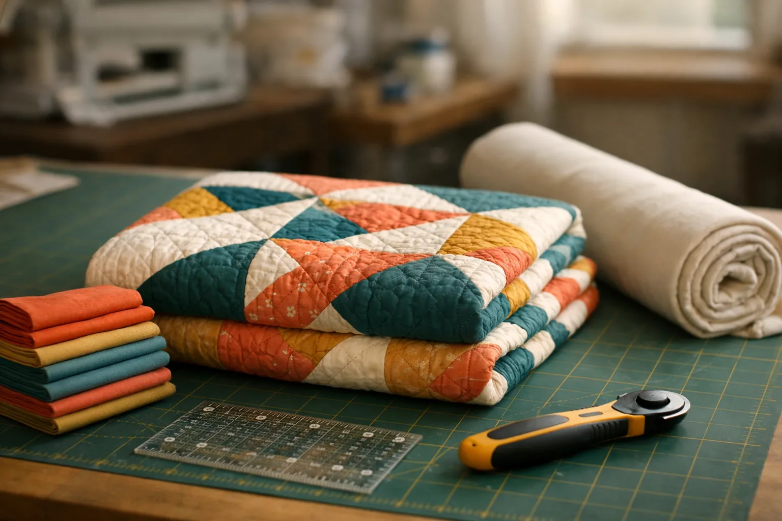 Folded binding strips and a rolled quilt backing beside a finished patchwork quilt on a cutting table