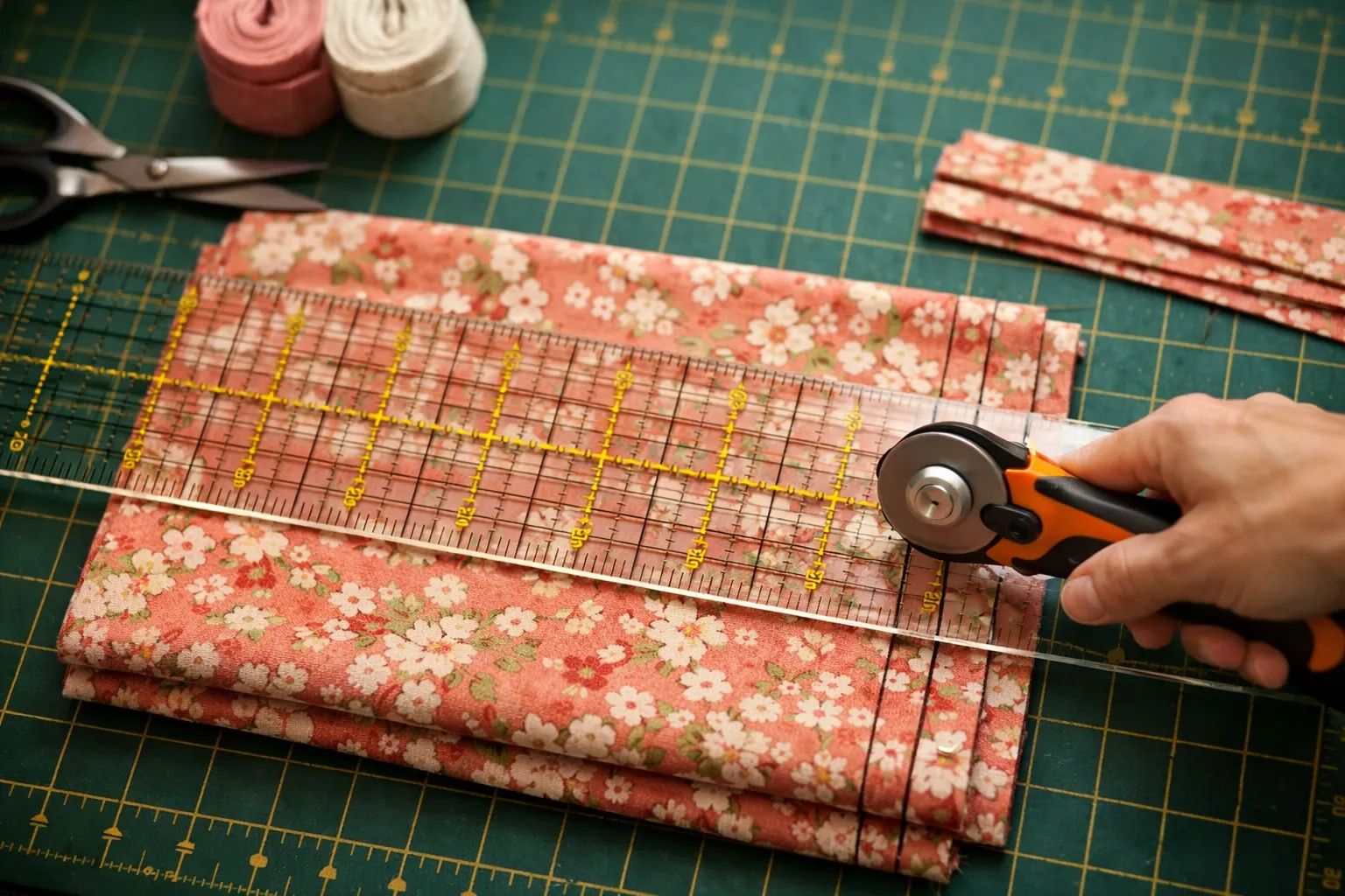 Binding strips being cut across the width of quilting cotton with a rotary cutter