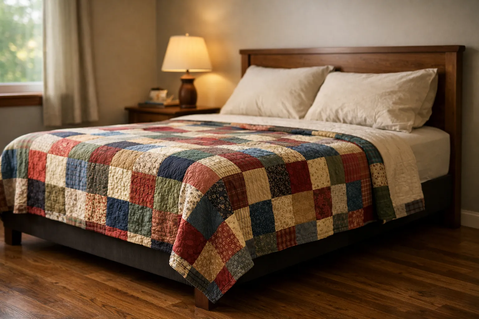 A quilt hanging evenly over the sides and foot of a queen bed