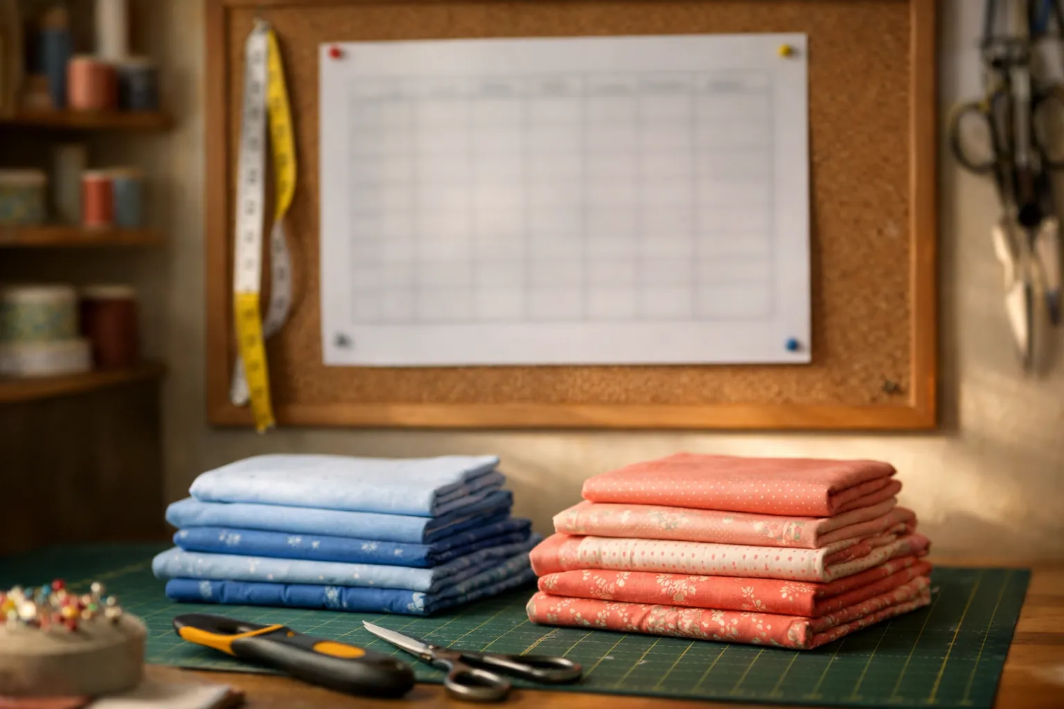 A printed quilt planning chart pinned beside a cutting table with folded quilting cotton