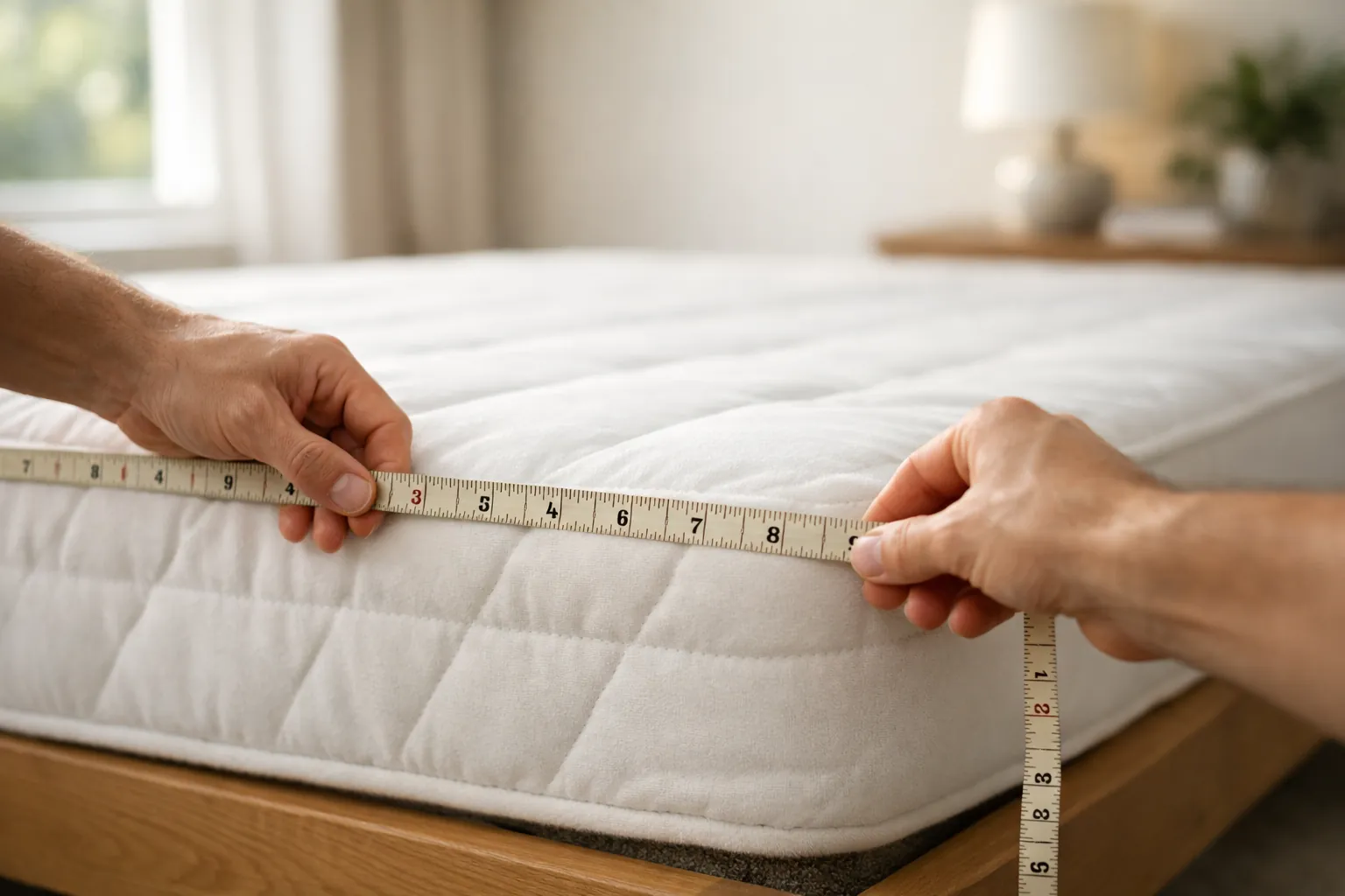 Measuring the width of a mattress with a tape measure