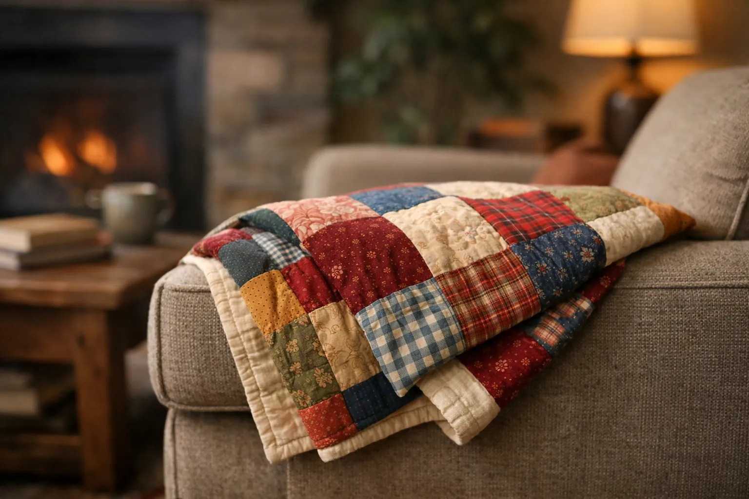 A lap quilt folded over the arm of a sofa