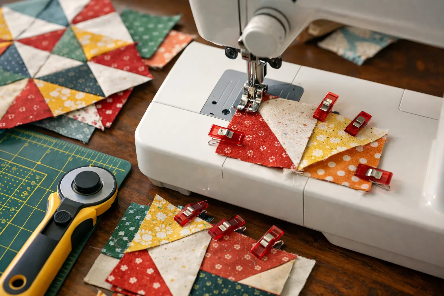 Quilt blocks being pieced with sewing clips and a quarter-inch foot