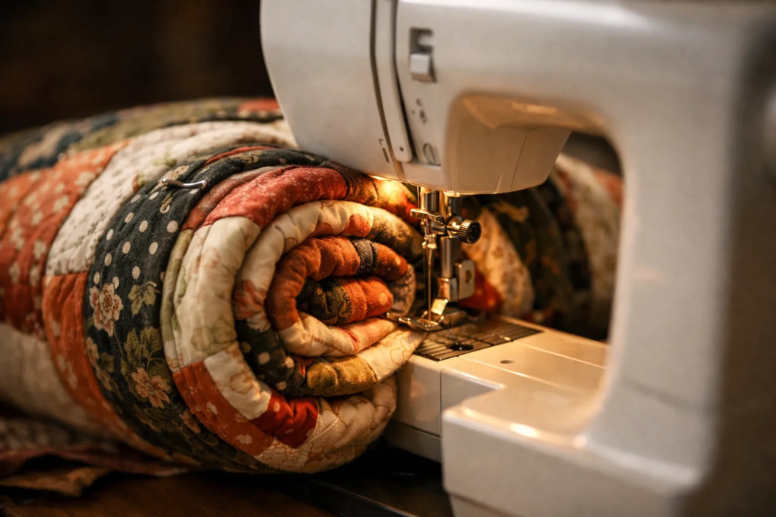 A rolled quilt pushed through the arm of a sewing machine