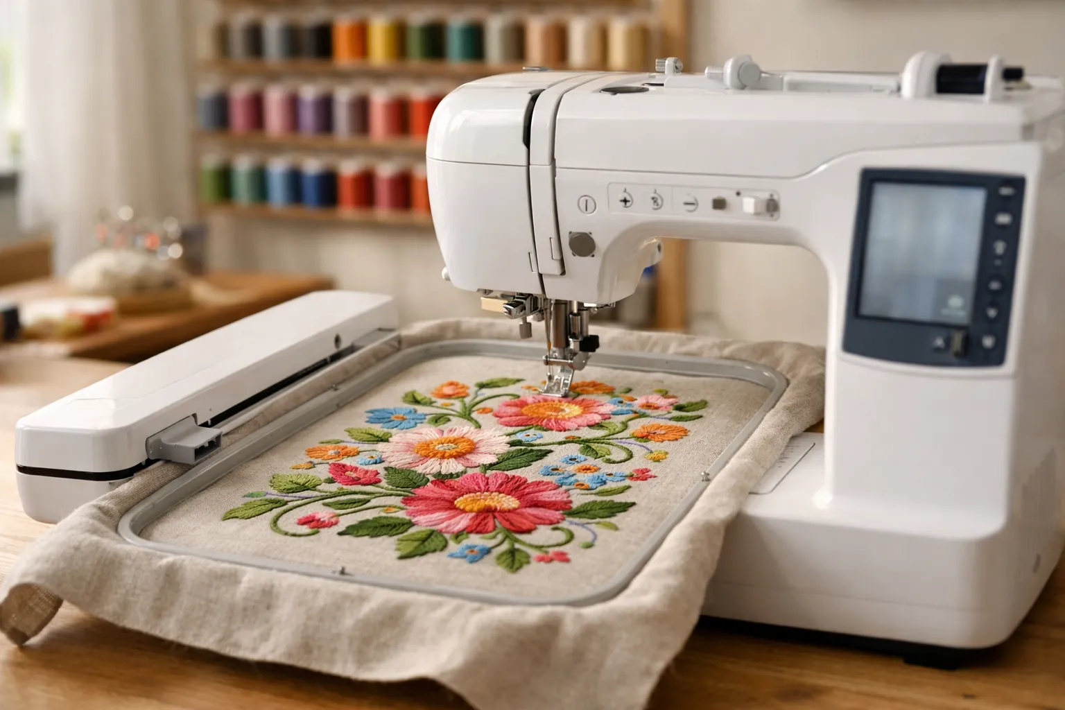A white sewing and embroidery machine stitching a large floral design in a rectangular hoop