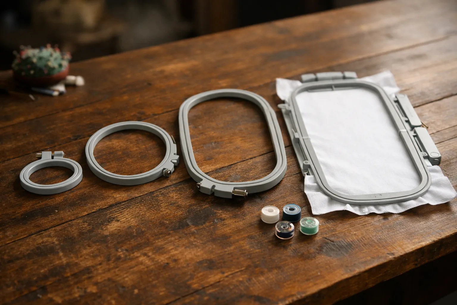 Four embroidery hoops of different sizes laid out on a table