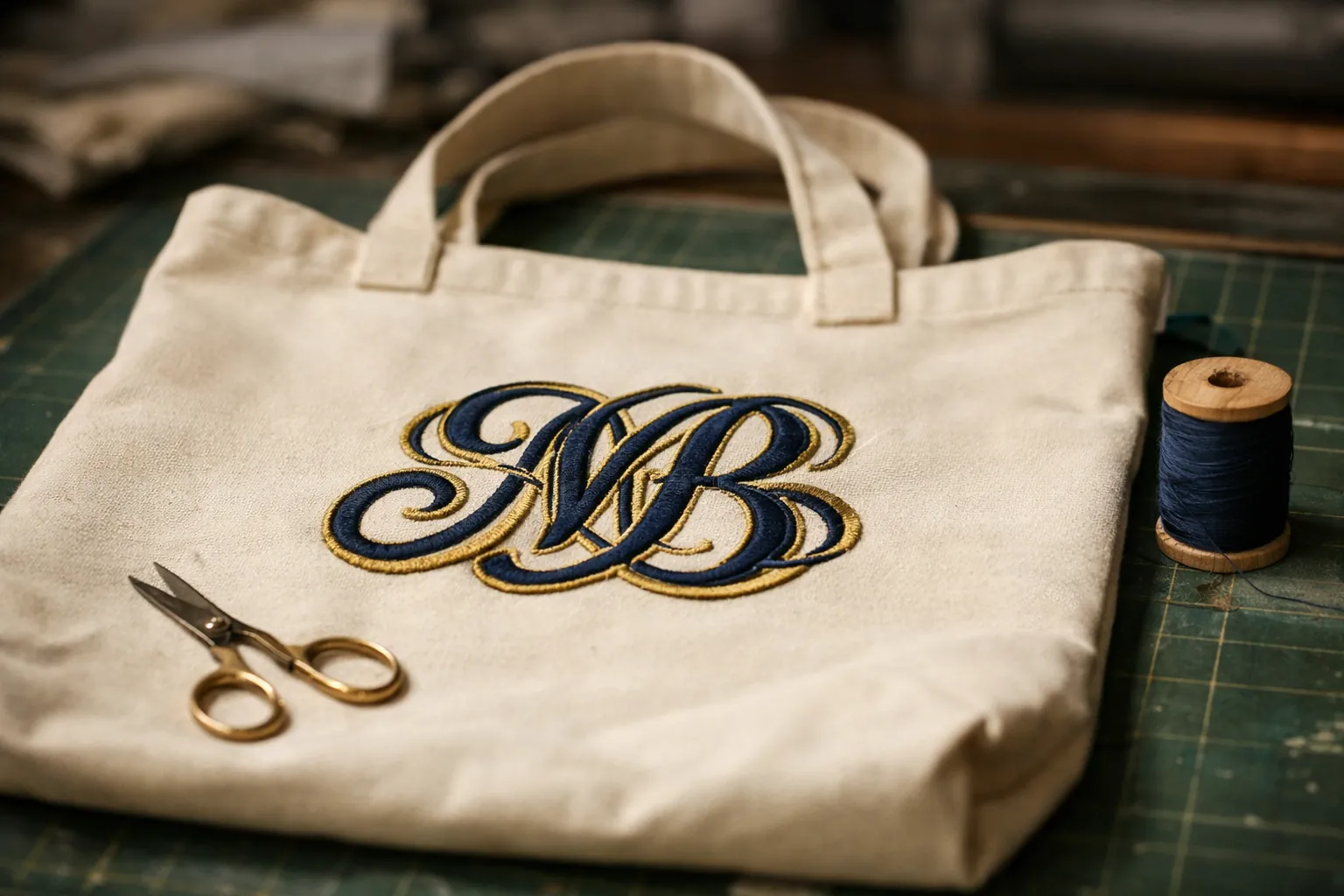 A canvas tote with a large embroidered monogram
