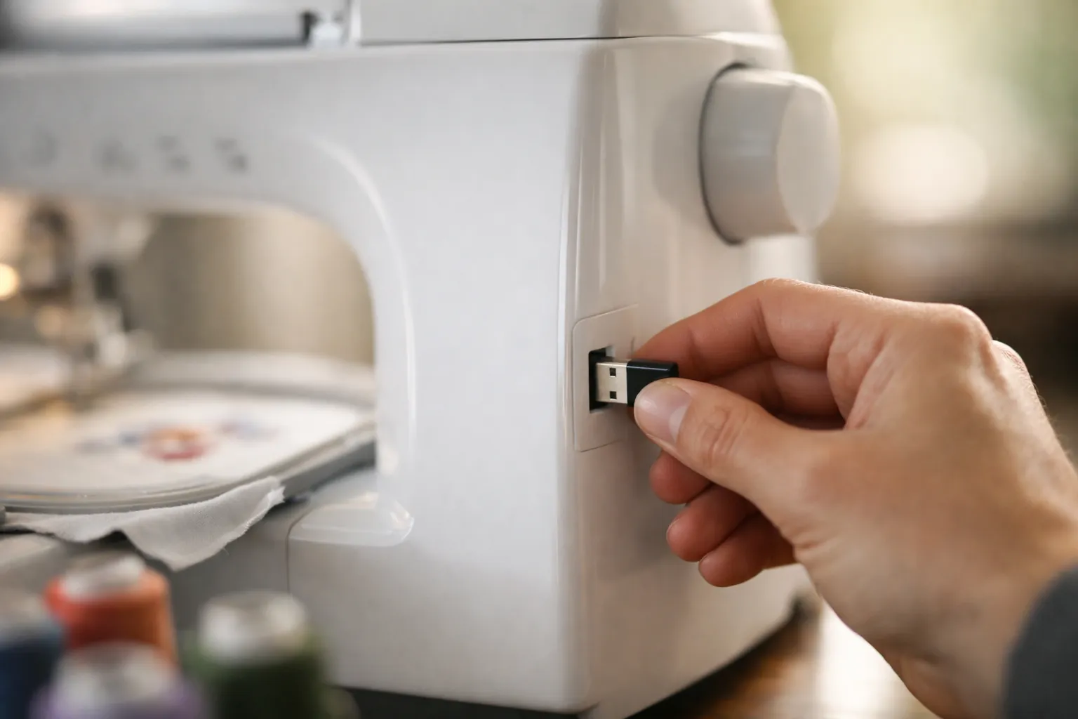 A USB flash drive going into the side of an embroidery machine